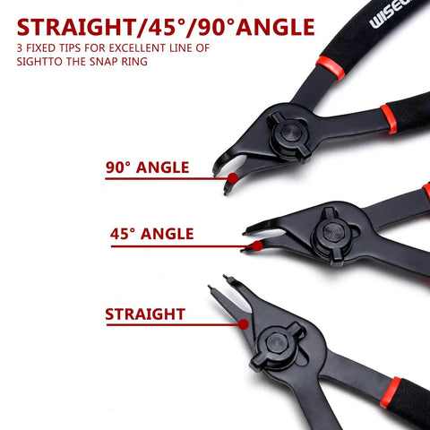 12 Piece Snap Ring Pliers Set For Internal And External Circlips With Straight And Bent Jaw Tips Includes 6 8 And 9 Inch Pliers And 0.038 0.047 0.070 0.090 Inch Ranges In A Storage Case Heavy Duty Kit For Easy Ring Installation And Removal showing 90 45 and straight angle tips