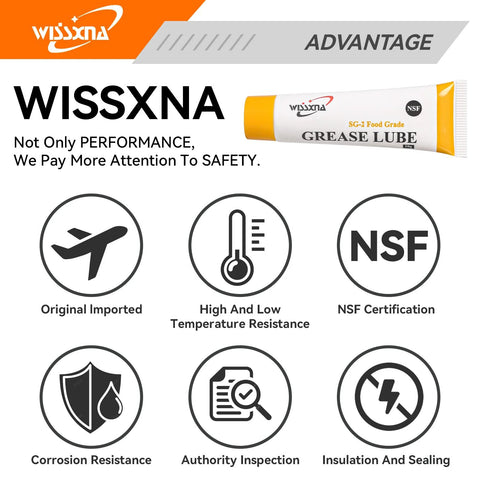 Food Grade Silicone Grease For Sanitary Machines And Food Processing Equipment Prevents Valves And O Rings From Sticking Pro Grade Lube Wissxna Dual Tube 20 Gram Pack with safety features and certifications shown.