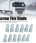 50 Piece Screw In Tire Studs Tough Tungsten Steel Snow Spikes close-up of tire studs on snowy road, ideal for truck stability