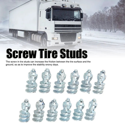 50 Piece Screw In Tire Studs Tough Tungsten Steel Snow Spikes close-up of tire studs on snowy road, ideal for truck stability