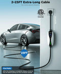 Next Level Nacs Station For Tesla Drivers Featuring Hella Fast Level One And Two Charging With Smart App Control and 23FT cable plugged into a Tesla.