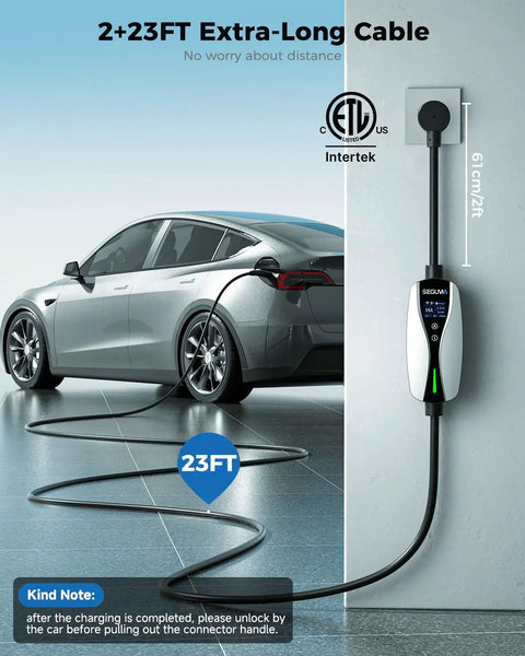 Next Level Nacs Station For Tesla Drivers Featuring Hella Fast Level One And Two Charging With Smart App Control and 23FT cable plugged into a Tesla.