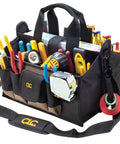 16 Inch Center Tray Tool Bag With 16 Pockets Built Tough Heavy Duty Tool Organizer For Pros Outside And Inside Pockets Padded Handles And Adjustable Shoulder Strap For Easy Carry, filled with tools