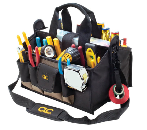 16 Inch Center Tray Tool Bag With 16 Pockets Built Tough Heavy Duty Tool Organizer For Pros Outside And Inside Pockets Padded Handles And Adjustable Shoulder Strap For Easy Carry, filled with tools