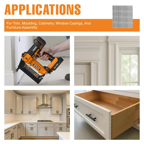 Tough 18 Gauge Brad Nails One Point Five Inches Featuring Badass Glue Collation And Rust Fighting Galvanized Steel Built Heavy used in cabinetry and trim work.