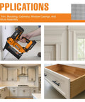 Man using Pneumatic Nailer for trim work with Sends Them Straight 18 Gauge Brad Nails 1 Point Five Inch Glue Collated Rugged Steel 1000 Count Box.