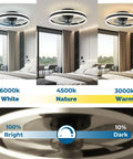 Smart 20 Inch Ceiling Fan With Lights Compatible With Alexa And Google Assistant, Low Profile Ceiling Fan With Remote And App Control, 6 Speeds Reversible Blades For Bedroom Or Living Room Black Finish showcasing light settings from bright to dark in bedroom