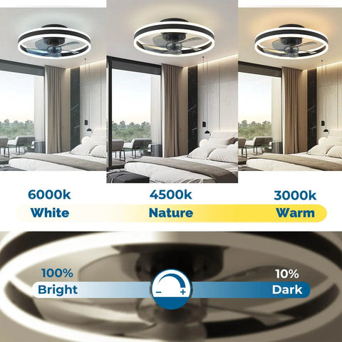 Smart 20 Inch Ceiling Fan With Lights Compatible With Alexa And Google Assistant, Low Profile Ceiling Fan With Remote And App Control, 6 Speeds Reversible Blades For Bedroom Or Living Room Black Finish showcasing light settings from bright to dark in bedroom