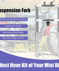 Beefed Up Mini Bike Front Suspension Forks Kit Replacement For Coleman CT200U And CT200U EX BT200X Axis M200 196cc 200cc Powersports Minibike Shock Absorber Forks Frame Assembly displayed on a grassy background.