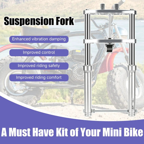 Beefed Up Mini Bike Front Suspension Forks Kit Replacement For Coleman CT200U And CT200U EX BT200X Axis M200 196cc 200cc Powersports Minibike Shock Absorber Forks Frame Assembly displayed on a grassy background.