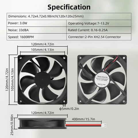 Specifications of High Speed 12V DC 120mm Cooling Fan Set 120x120x25mm Quiet 1600RPM Dual Wire 2Pin Computer Case Fans