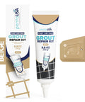 Warm Beige Tile Grout Repair Kit With Premixed Sanded Grout for Bathrooms Showers and Kitchens Water Resistant Filler Tube With Applicator Easy DIY Restore 8.8 Oz 250 G displayed with packaging and applicator