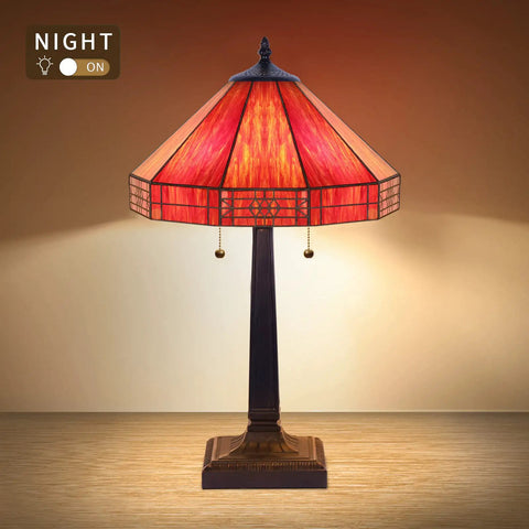 Vintage Tiffany Stained Glass Bedside Table Lamp 23 Inch Tall With 2 LED Bulbs 2700K E26 Cozy Glow For Bedroom Or Living Room