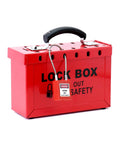 Real Heavy Duty Steel Lockout Tagout Group Lock Box 4 Pack With 12 Padlock Slots Built Like A Tank For Crew Safety And Site Compliance Boss Approved Red Workstation For Everyday Grind, featuring a sturdy handle and secured padlock.