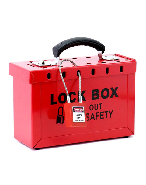 Real Heavy Duty Steel Lockout Tagout Group Lock Box 4 Pack With 12 Padlock Slots Built Like A Tank For Crew Safety And Site Compliance Boss Approved Red Workstation For Everyday Grind, featuring a sturdy handle and secured padlock.