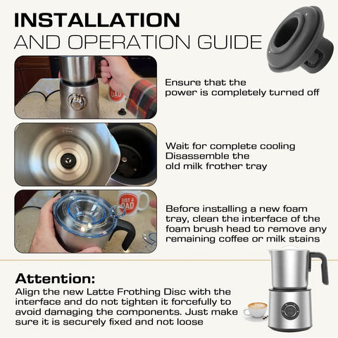 Latte Frothing Disc Replacement For Breville Milk Cafe Delivers Cafe Style Lattes At Home With Rich Microfoam Milk Frother Plate installation guide showing hand aligning disc with interface on frother.