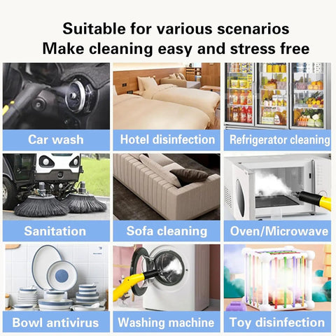 Image displaying various cleaning scenarios compatible with Kickass 2500W Steam Cleaner With Ozone Sanitizing And 3.5L Tank That Rips Through Grease And Nasty Grime On Floors And Walls And Engine Bays While Killing OdorsDead With Ultra Fast Heat Up.