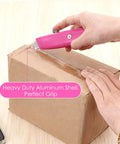 12 Pcs Retractable Professional Box Cutters Heavy Duty Aluminum Alloy Utility Knife Set With Three Color Options Blue Red Magenta For Warehouse Office Home DIY Projects, magenta box cutter slicing cardboard