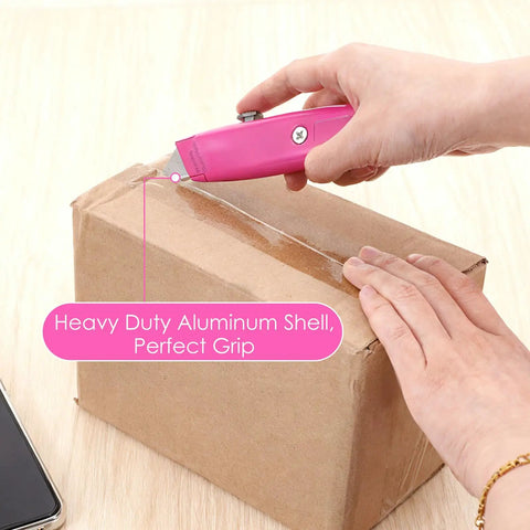 12 Pcs Retractable Professional Box Cutters Heavy Duty Aluminum Alloy Utility Knife Set With Three Color Options Blue Red Magenta For Warehouse Office Home DIY Projects, magenta box cutter slicing cardboard
