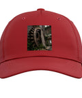 Vibe Up Your Fit With This Red Adjustable Industrial Gear Ruin Factory Five Panel Baseball Hat with high-profile crown.