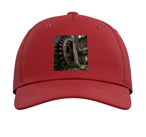 Vibe Up Your Fit With This Red Adjustable Industrial Gear Ruin Factory Five Panel Baseball Hat with high-profile crown.