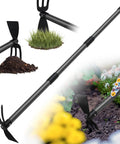 Two-In-One Garden Hoe Tool With Cultivator Rake And 45-Inch Handle used for weeding and soil prep in flower bed.