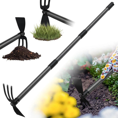 Two-In-One Garden Hoe Tool With Cultivator Rake And 45-Inch Handle used for weeding and soil prep in flower bed.
