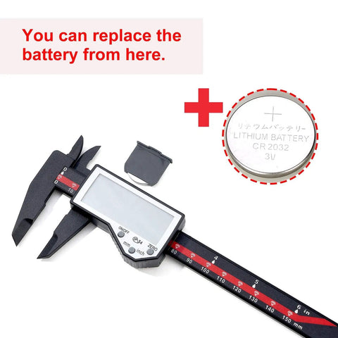 Six Inch Digital Caliper With Auto Off And Large LCD Screen Inch Millimeter Conversion Measures Length Depth Inner Outer Diameter 0.01 Inch Resolution And Plus Minus 0.2 mm Accuracy Carbon Fiber Build For Jewelry And Antique Projects with CR2032 battery shown