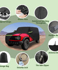 Bronco 4 Door Car Cover For 2021 To 2025 Stormproof All Weather Heavy Duty 6 Layer Waterproof Sun Rain UV Dust Snow Protection With Cotton Lining And Zipper Door Black And Zippered Door Access image showing cover fit, zipper, and accessories.