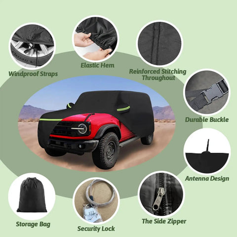 Bronco 4 Door Car Cover For 2021 To 2025 Stormproof All Weather Heavy Duty 6 Layer Waterproof Sun Rain UV Dust Snow Protection With Cotton Lining And Zipper Door Black And Zippered Door Access image showing cover fit, zipper, and accessories.