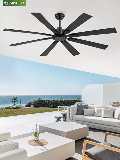 65 Inch Outdoor Ceiling Fan With Remote No Light Damp Rated Black Modern Design installed in a patio overlooking the ocean.