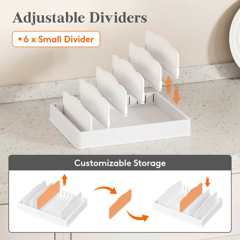 Kitchen Cabinet Lid Organizer With 6 Adjustable Dividers And 7 Sections For Lids Bowls And Containers Space Saving No Fuss Lid Holder