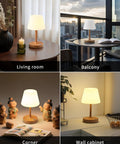 Cordless LED Wood-Grain Table Lamp with Waterproof Shower Design, Battery-Powered Desk Light in different settings
