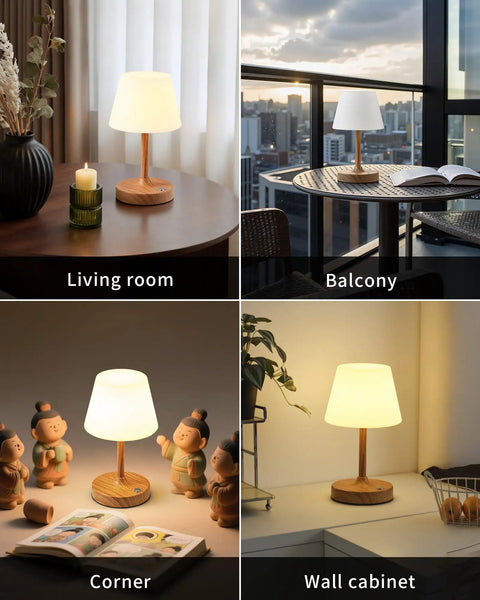 Cordless LED Wood-Grain Table Lamp with Waterproof Shower Design, Battery-Powered Desk Light in different settings