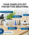Complete kit of Breathing Trainer With Warm Steam And Adjustable Resistance For Daily Comfort App Guided Sessions on table.