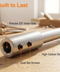 Heavy Duty Six Inch Forstner Bit Extension Rod For Deep Hollow Woodworking showing precise inner hole and dual set screws.
