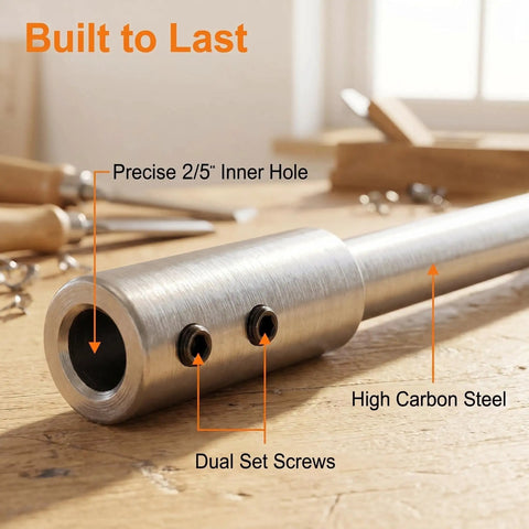 Heavy Duty Six Inch Forstner Bit Extension Rod For Deep Hollow Woodworking showing precise inner hole and dual set screws.