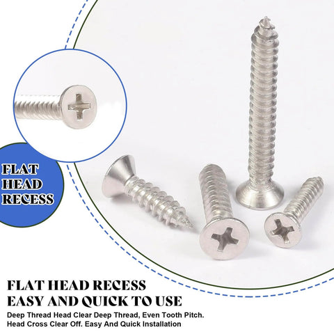 Value Packed 280 Pieces Wood Screws Set In M5 M4 M3 Sizes Flat Head Stainless Steel Self Tapping Deck Door Cabinet Hardware Kit Rust Resistant Great For DIY Projects And Outdoor Furniture with focus on flat head recess.