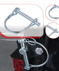 Heavy Duty Round Coupler Pin And Shaft Lock For Truck Trailers Galvanized Iron Pto Hitch close-up showing secure fit on hitch.