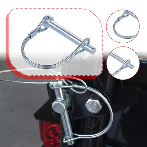 Heavy Duty Round Coupler Pin And Shaft Lock For Truck Trailers Galvanized Iron Pto Hitch close-up showing secure fit on hitch.