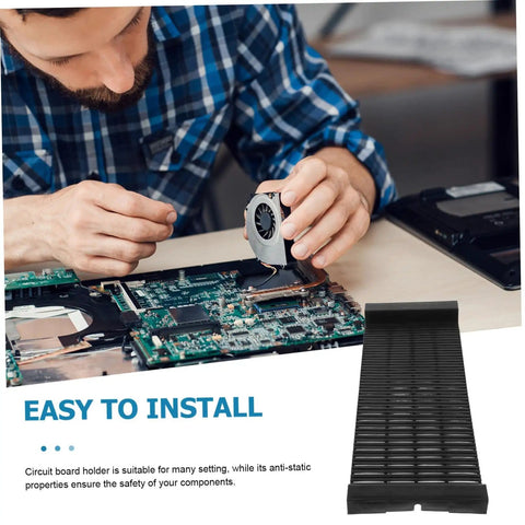 Man using anti static PCB tray storage rack for circuit boards, slip resistant bracket holder for safe electronics organization.