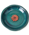 Ceramic Bird Bath And Feeder For Outdoor Gardens 12.2 Inch Diameter 2 Inch Depth Blue With Red Flower Shallow Bowl
