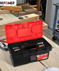 Lightweight 14 Inch Plastic Tool Box With Comfortable Handle And Removable Tray, Dual Lock Latches, Red Finish, in workshop