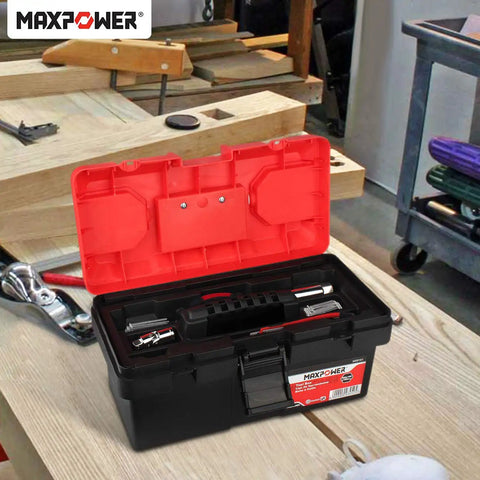 Lightweight 14 Inch Plastic Tool Box With Comfortable Handle And Removable Tray, Dual Lock Latches, Red Finish, in workshop