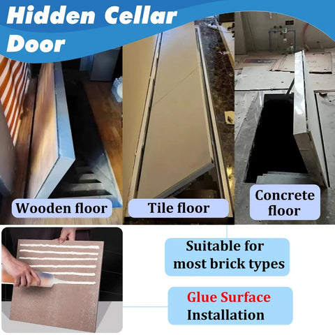 Concealed Tile Access Panel For Seamless Floor Entry With Manual Flush Hatch Cover For Garage Bedroom And Pantry In 53 X 31 Inches showing hidden access doors on wooden, tile, and concrete floors.