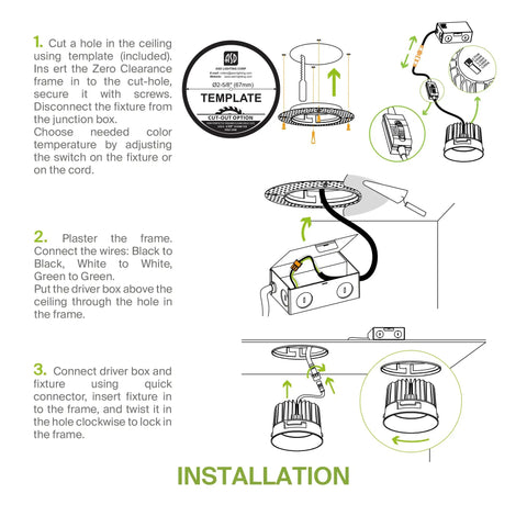 Installation guide for Trimless 2 Inch LED Recessed Light Canless Dimmable Downlight 15W 120V with diagrams and instructions