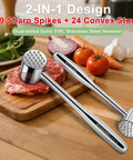 Dual Sided 316L Stainless Steel Meat Tenderizer Mallet With 19 Sharp Needle Spikes on cutting board