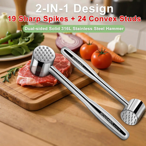 Dual Sided 316L Stainless Steel Meat Tenderizer Mallet With 19 Sharp Needle Spikes on cutting board
