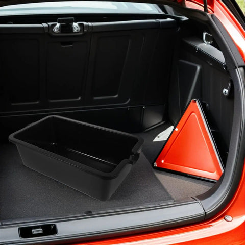 Heavy Duty Plastic Oil Drain Pan For Garage Work Universal Fluid Catcher Tray placed in a car trunk with safety triangle.