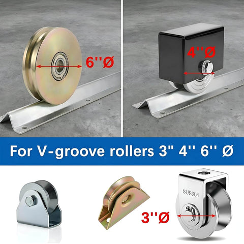 Heavy Duty Extra Wide 3.5-Inch V-Track For Sliding Gates, Universal Ground Track Kit In Galvanized Steel, Fits V-Groove Wheels, shown with rollers.